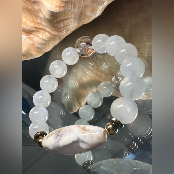 MOONSTONE + DENDRITIC AGATE + PHANTOM NATURAL BRACELET SIZE 7” - Picture 3 of 15